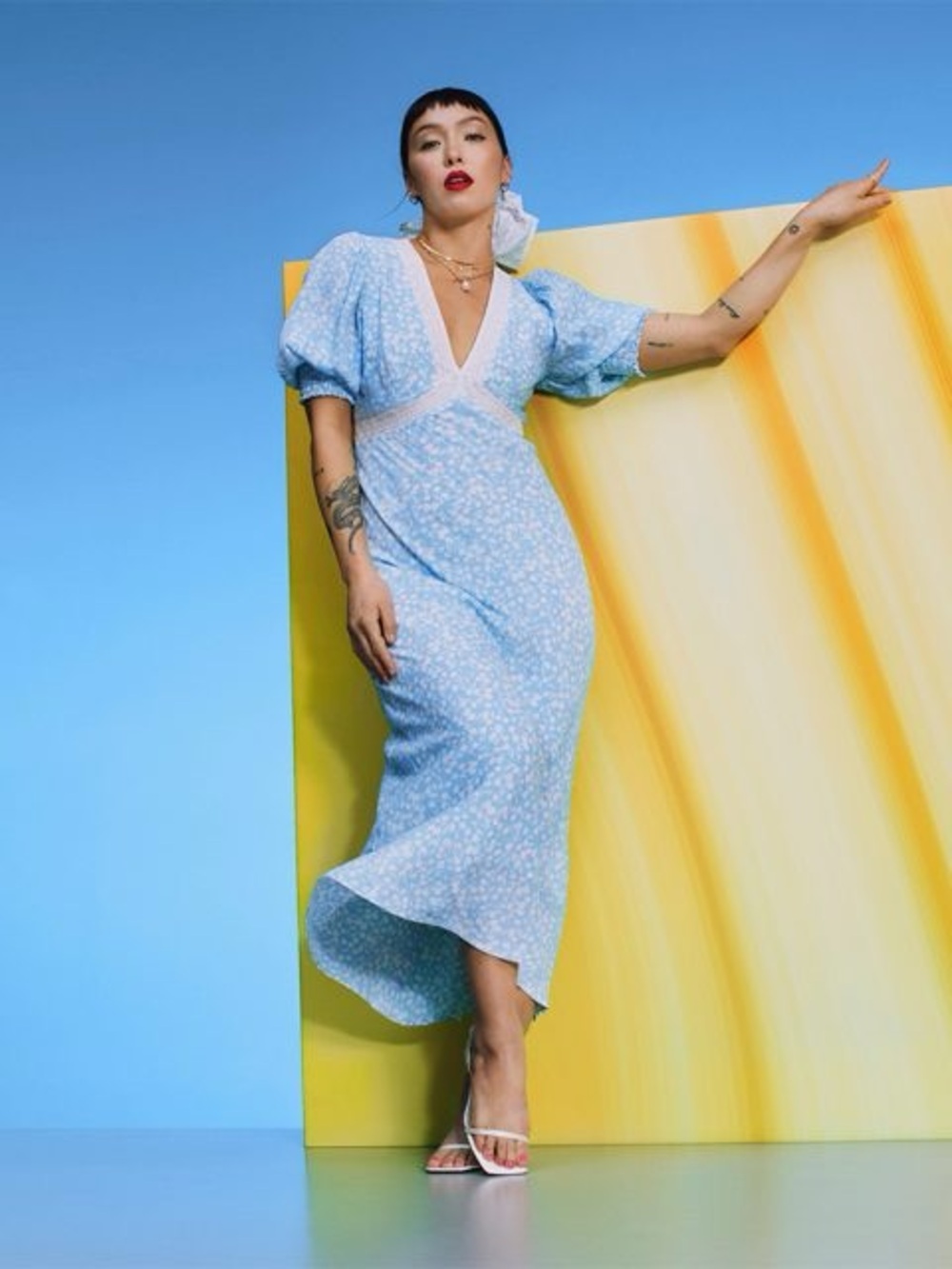 RIXO Blue Floral Puff Sleeve Lace Inset Swing Dress Size 8